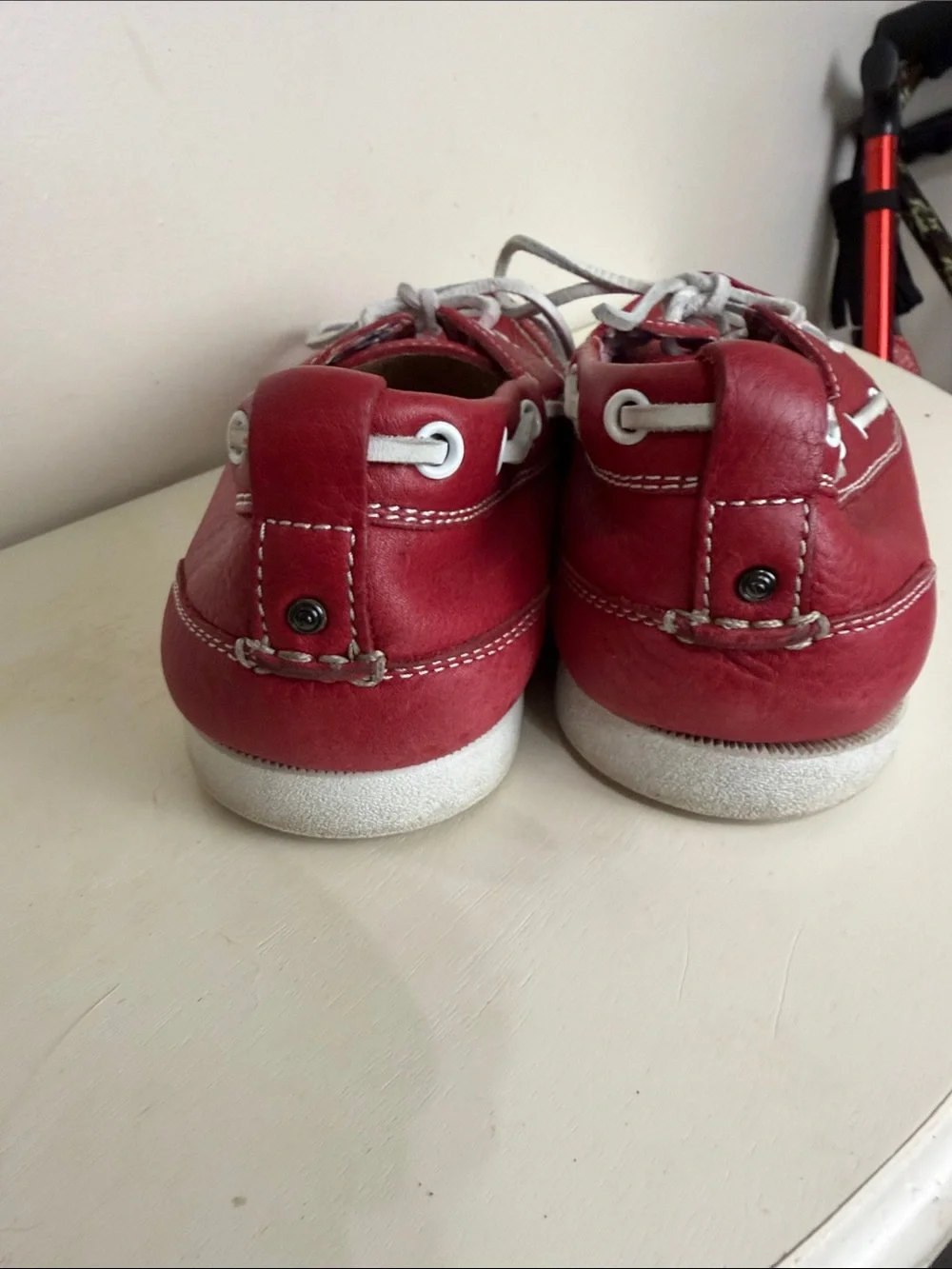(2387) Rockport Men's Red Leather Boat Shoes - Casual Lace-Up, Size: 10